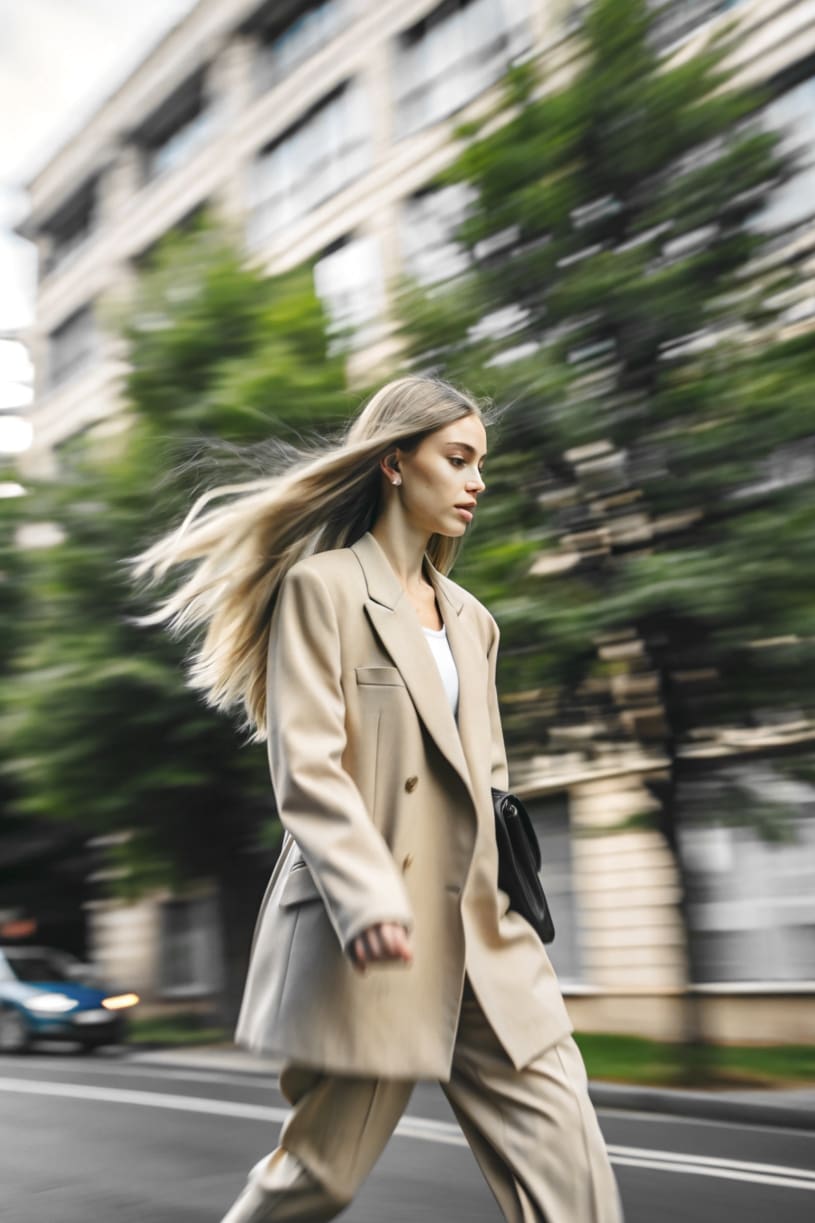 Female entrepreneur in Los Angeles walking rapidly, representing high-achieving women seeking therapy for trauma and stress.